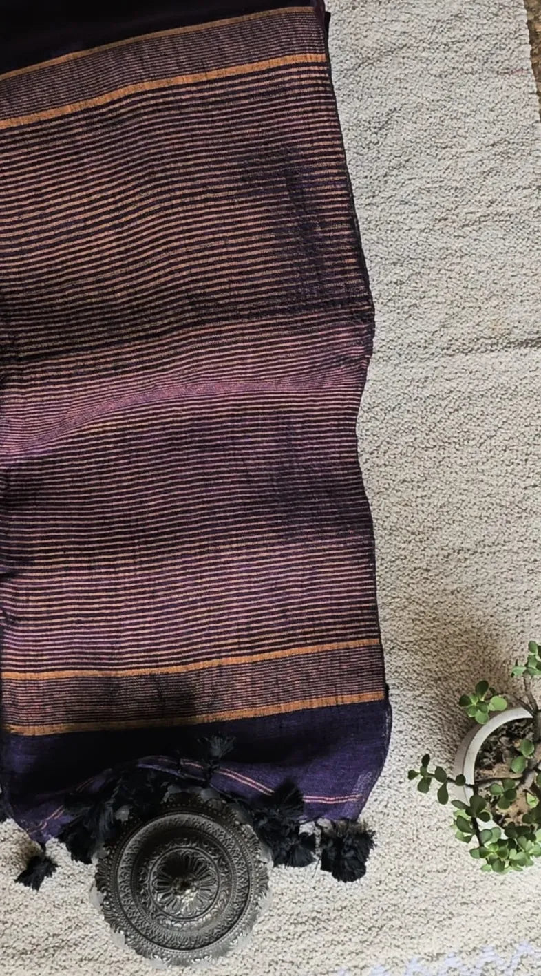 Purple Pure Handwoven Linen saree with Zari strips