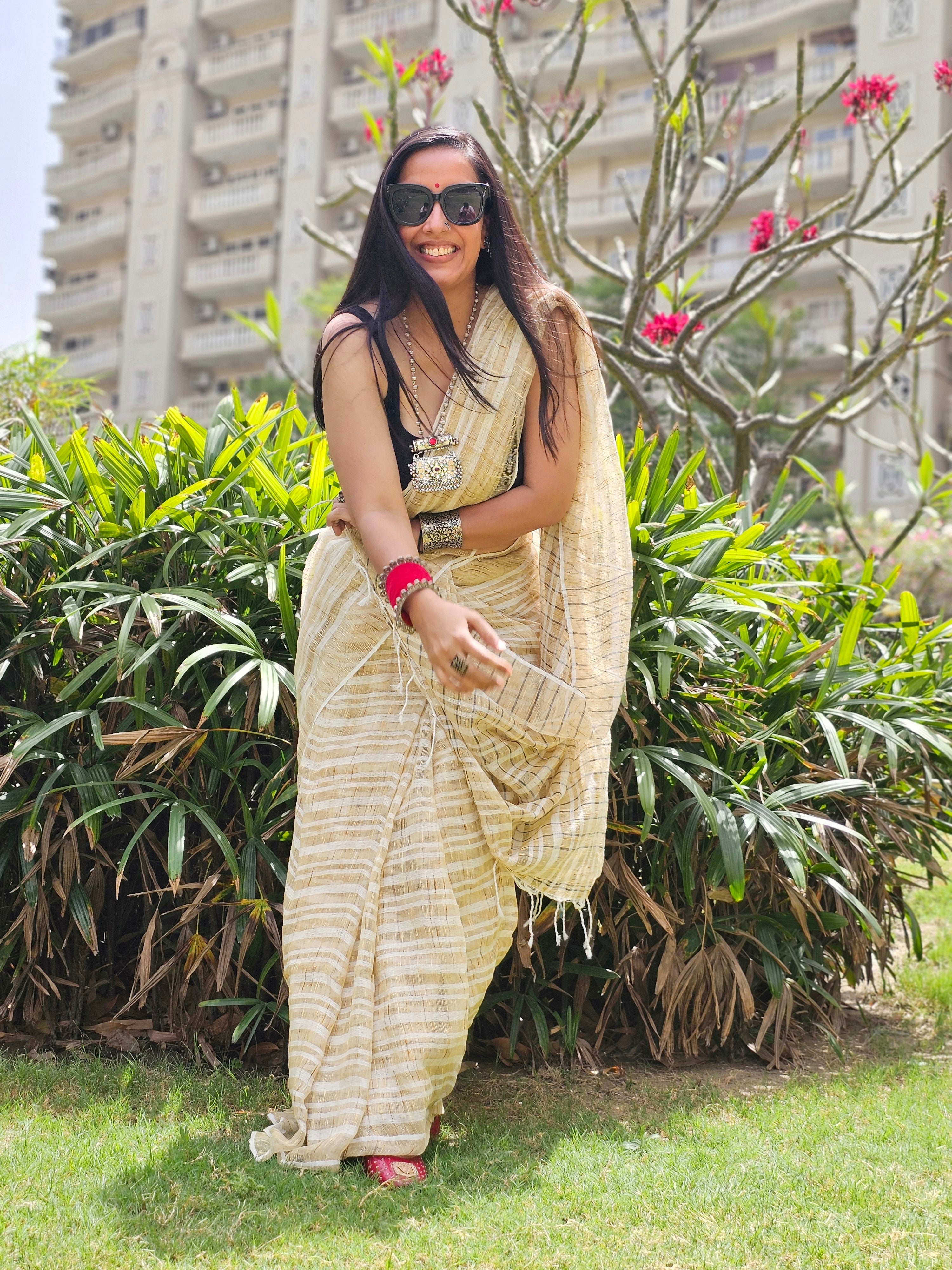 Beige stripes Handloom Ghicha saree