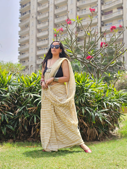 Beige stripes Handloom Ghicha saree