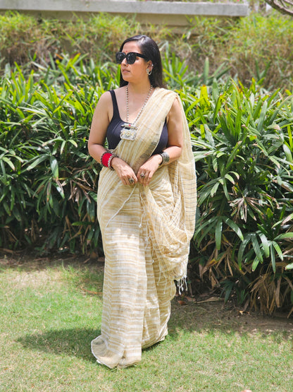 Beige stripes Handloom Ghicha saree