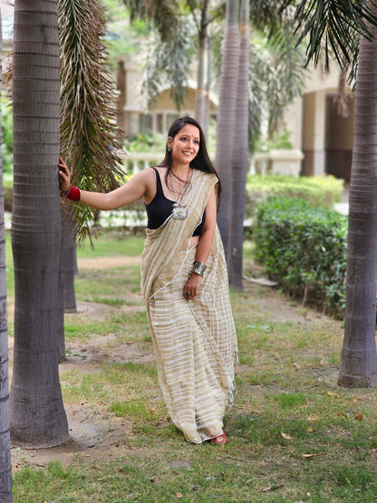 Beige stripes Handloom Ghicha saree