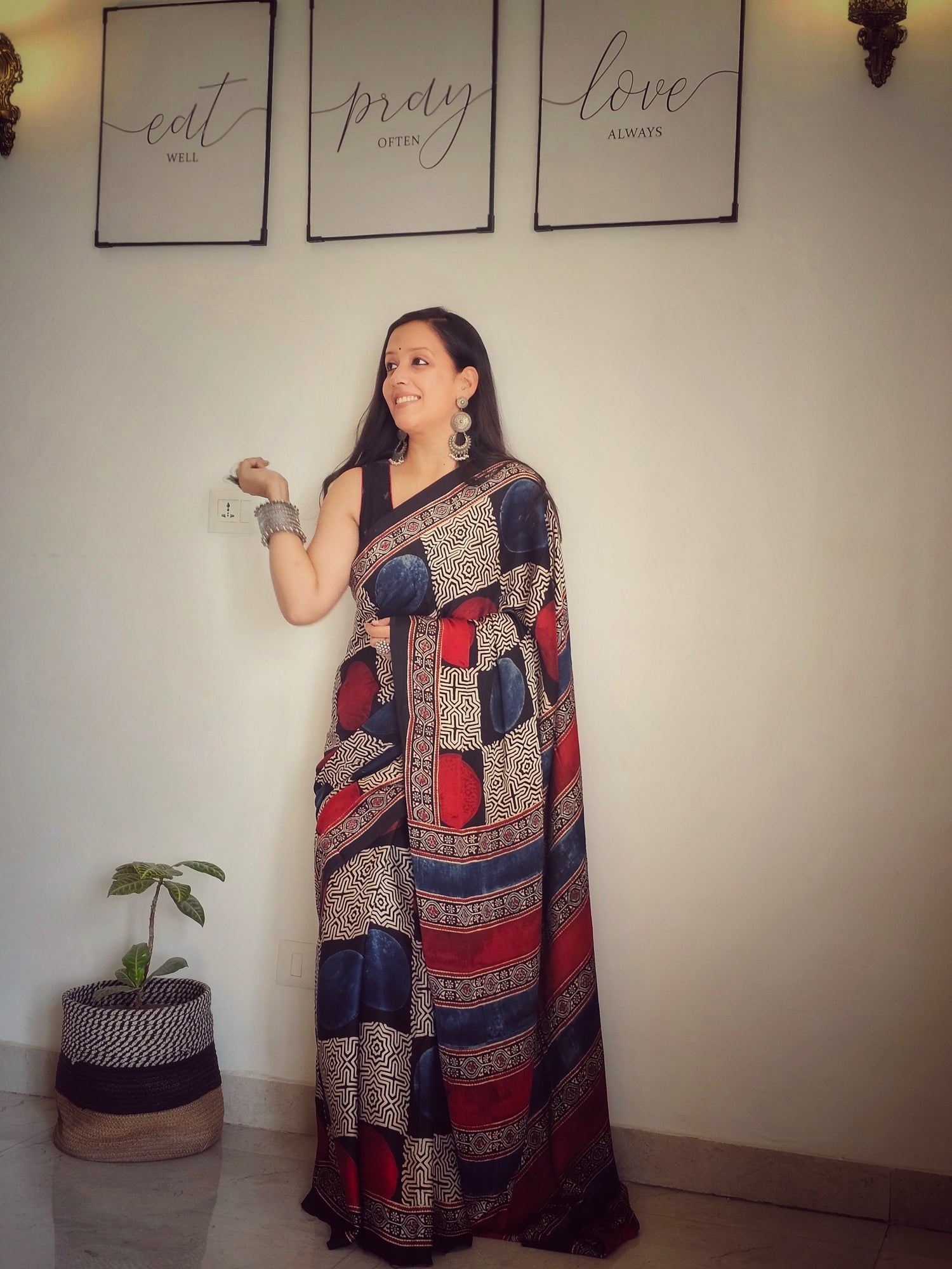 Blue and red circle Modal silk saree