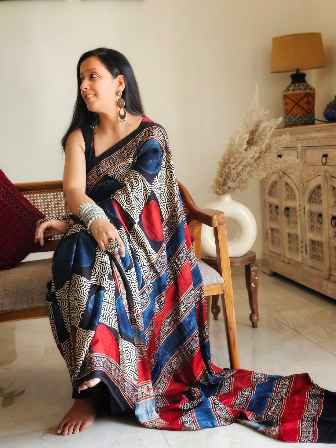 Blue and red circle Modal silk saree