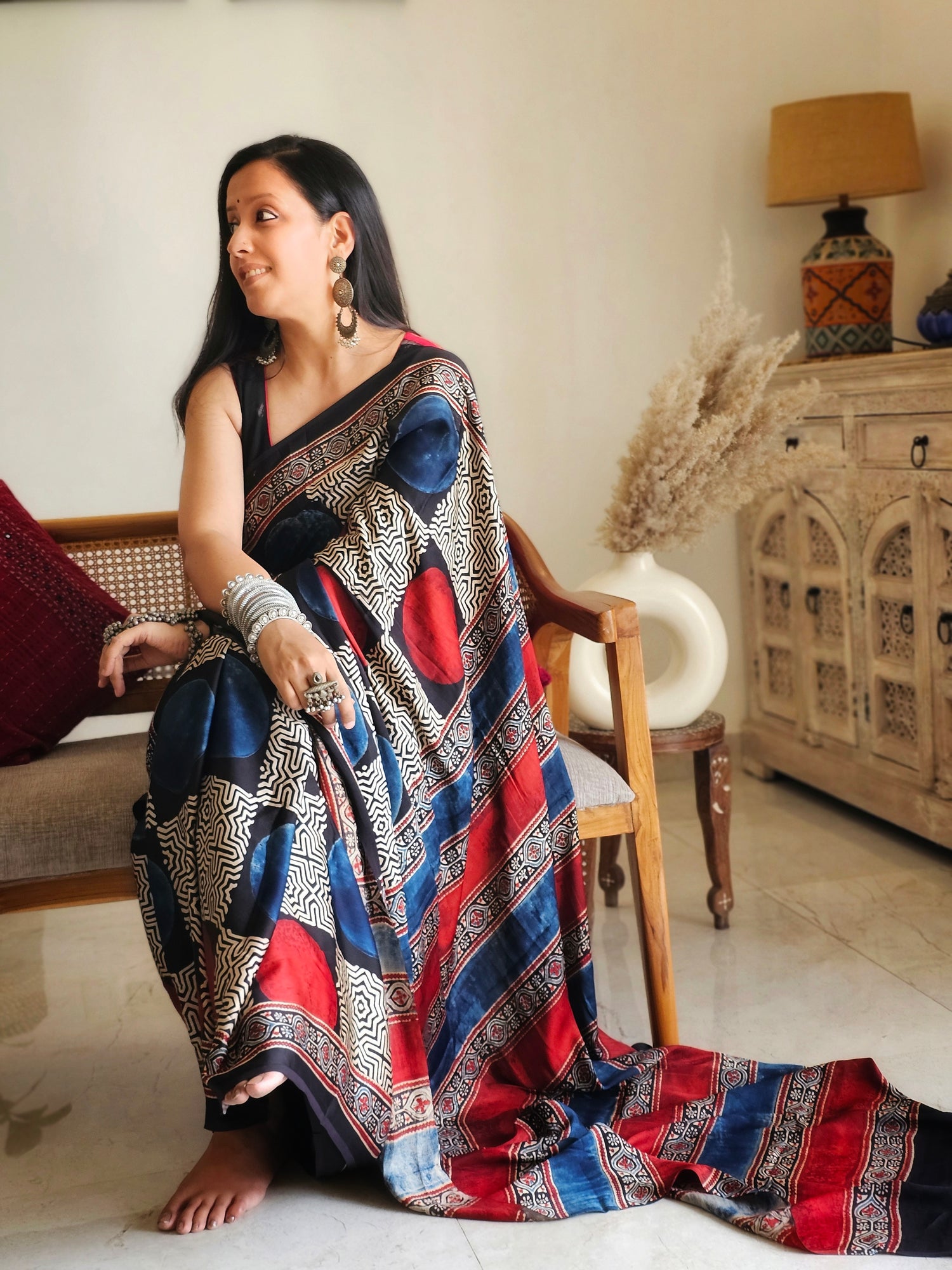 Blue and red circle Modal silk saree