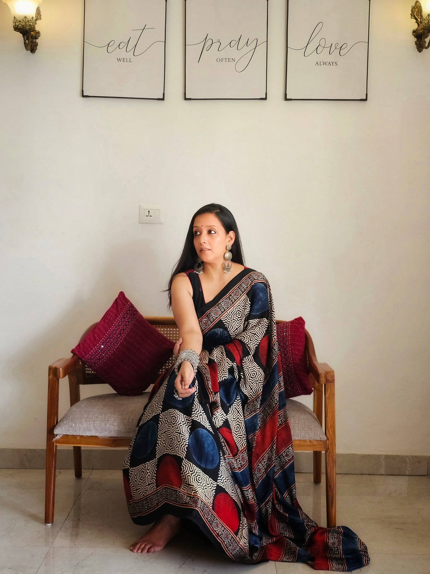 Blue and red circle Modal silk saree