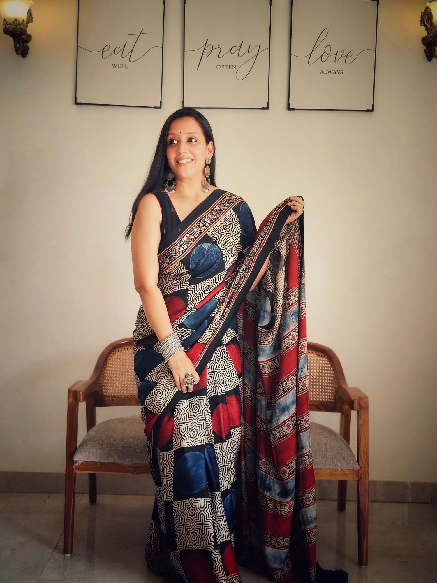 Blue and red circle Modal silk saree