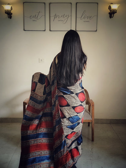 Blue and red circle Modal silk saree