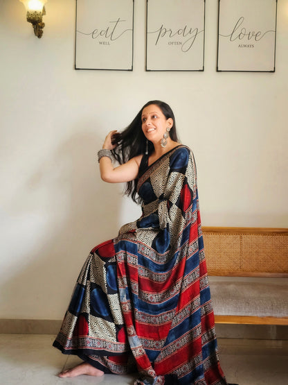 Blue and red circle Modal silk saree