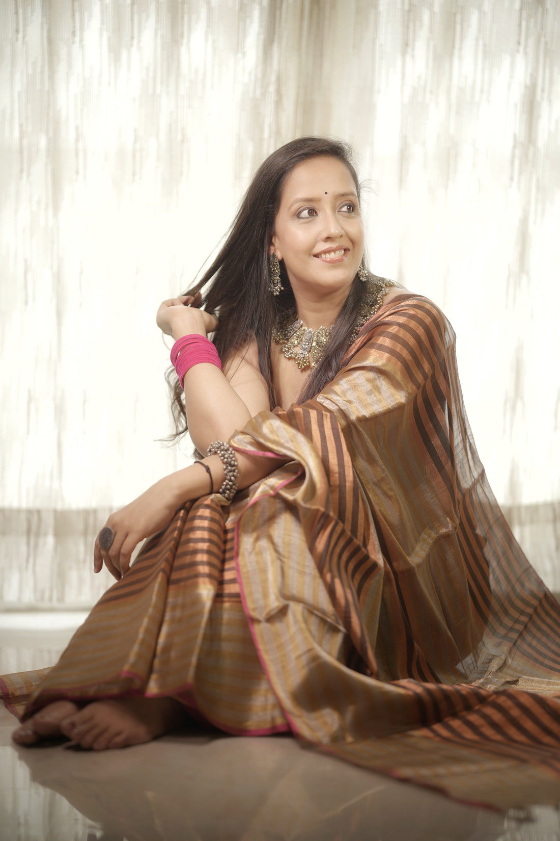 Multi color stripes full tissue soft silk saree