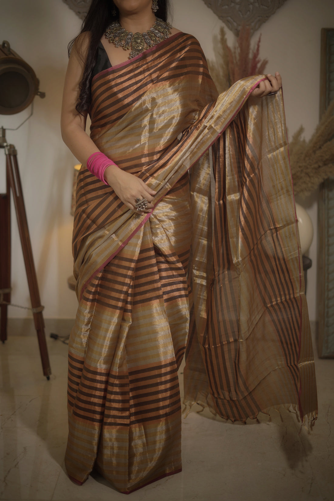 Multi color stripes full tissue soft silk saree