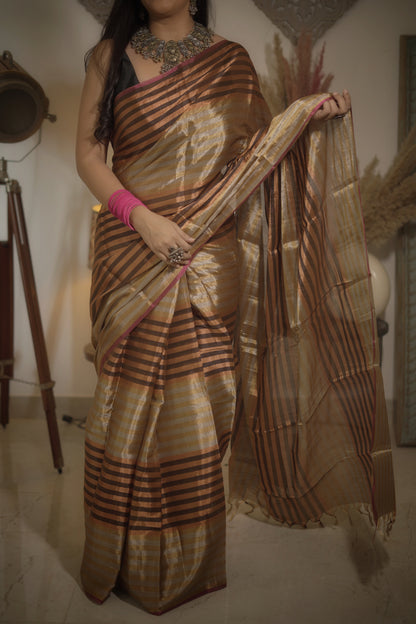 Multi color stripes full tissue soft silk saree
