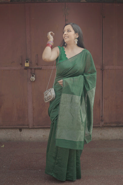 Green Chanderi Handloom Saree with Zari Stripes