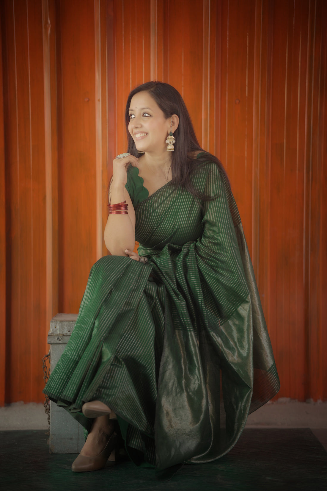Green Chanderi Handloom Saree with Zari Stripes