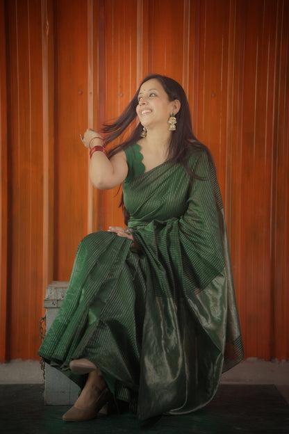 Green Chanderi Handloom Saree with Zari Stripes