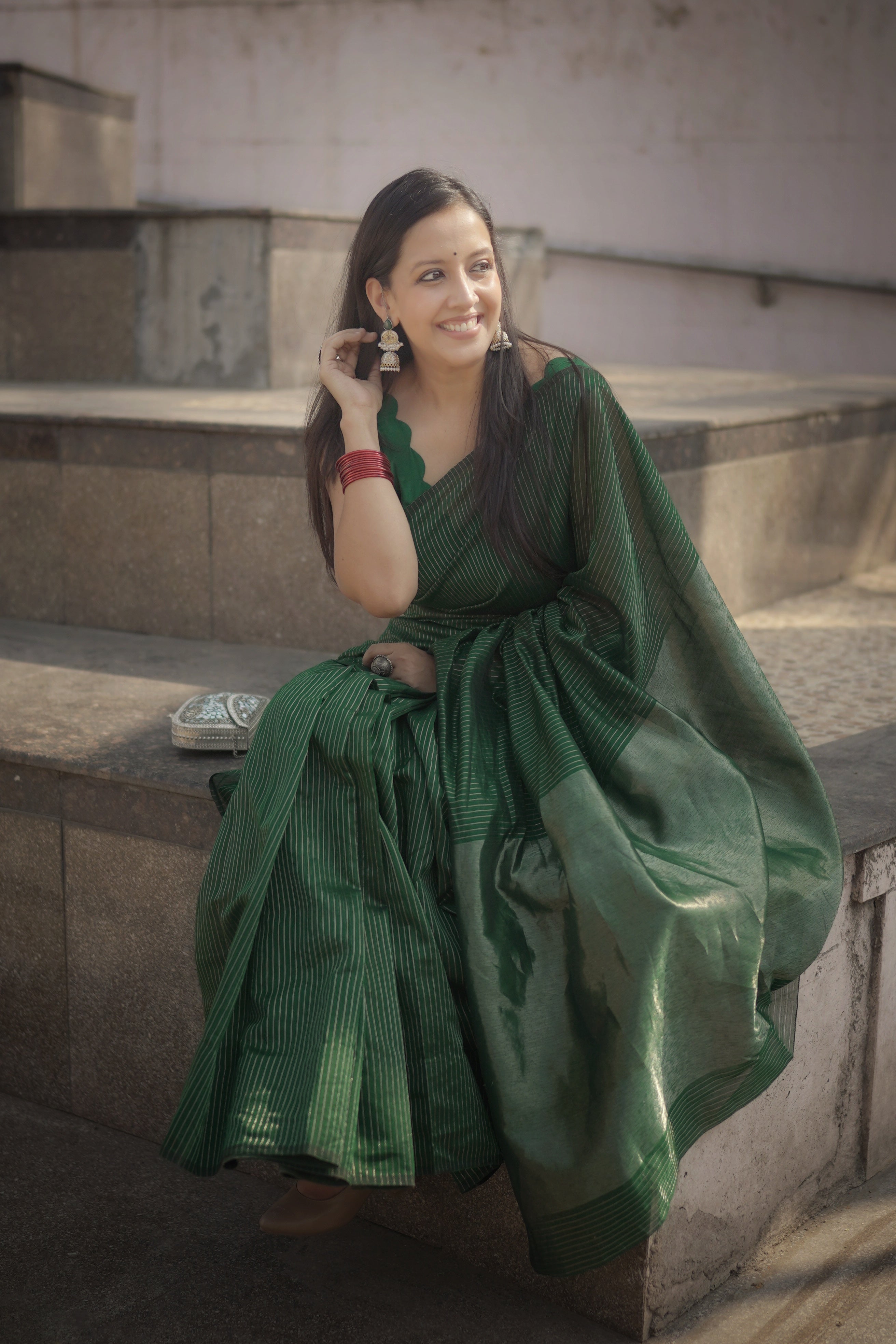Green Chanderi Handloom Saree with Zari Stripes
