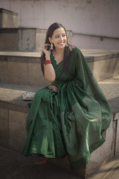 Green Chanderi Handloom Saree with Zari Stripes