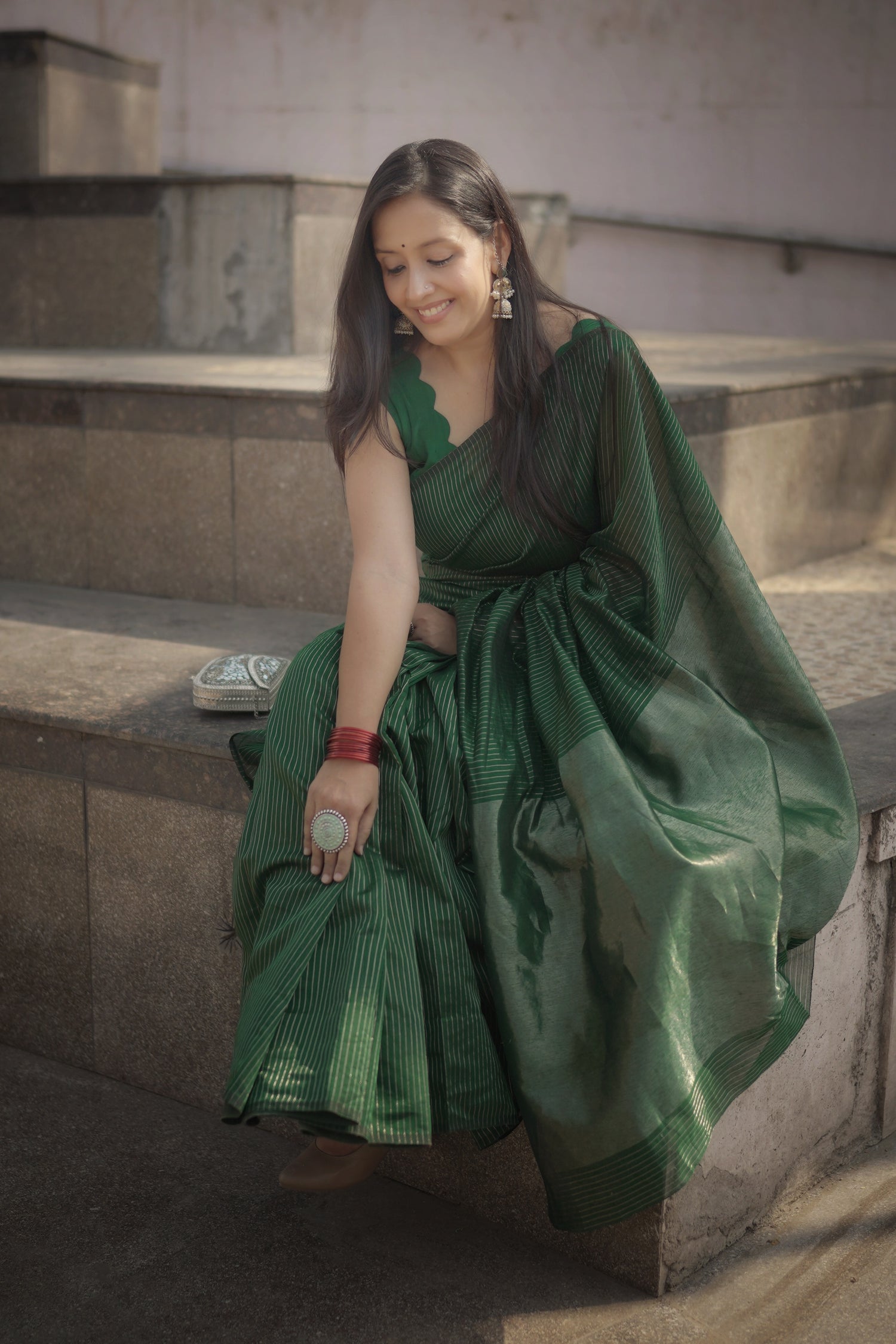 Green Chanderi Handloom Saree with Zari Stripes