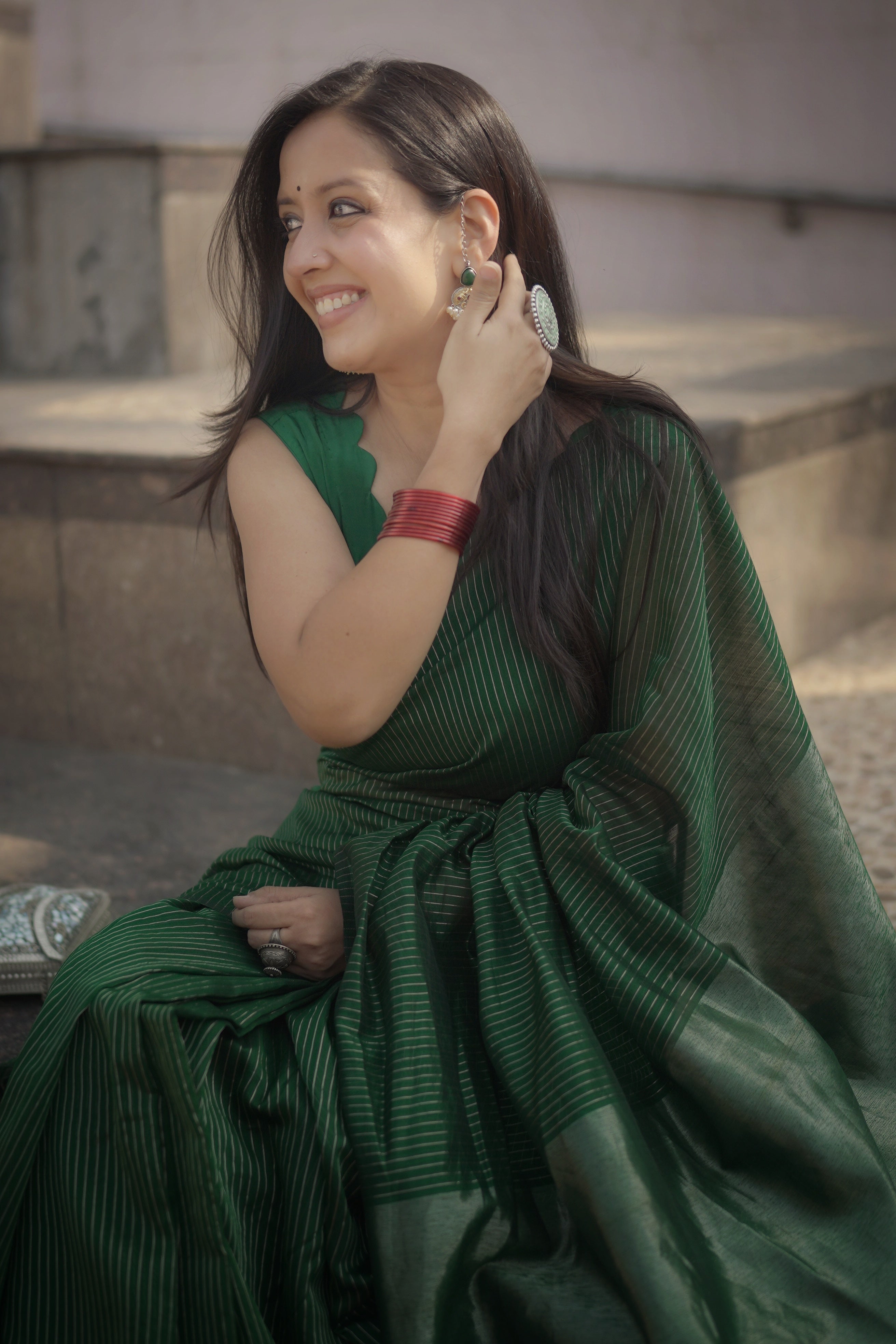 Green Chanderi Handloom Saree with Zari Stripes