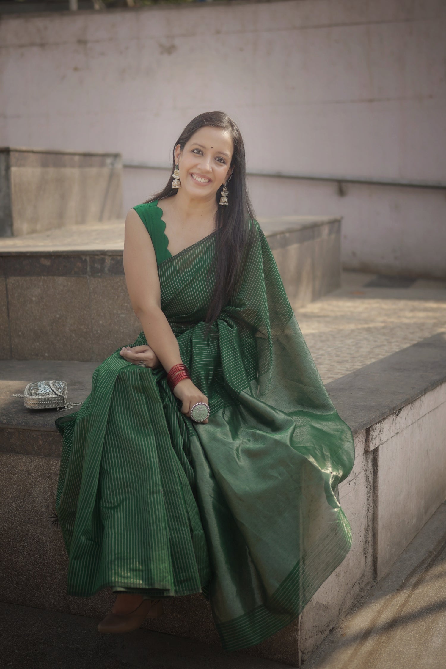 Green Chanderi Handloom Saree with Zari Stripes