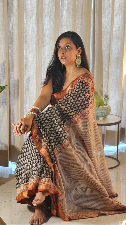 Black handblock Maheshwari Silk saree