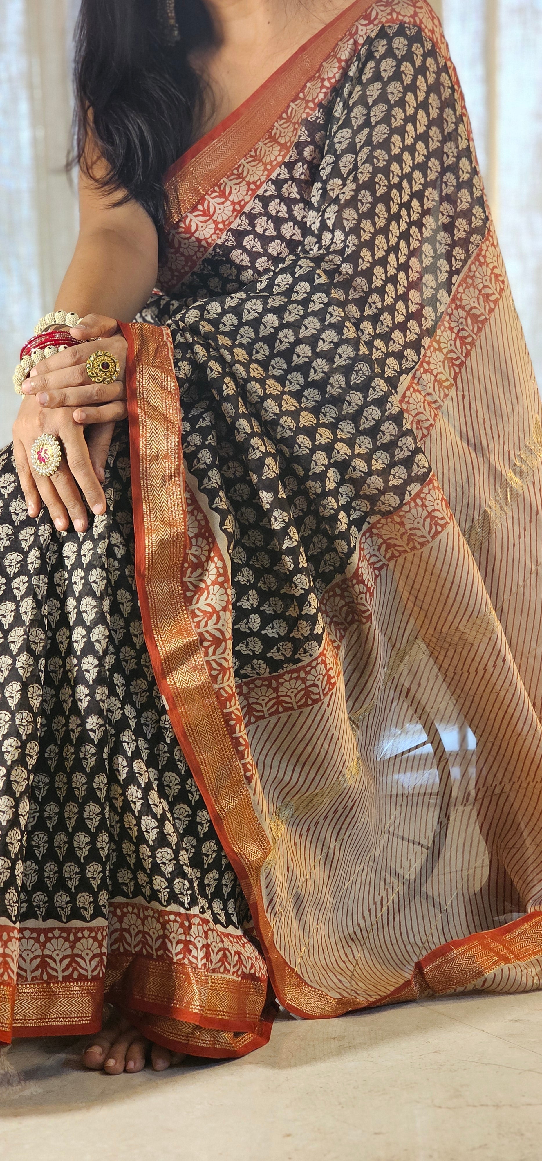 Black handblock Maheshwari Silk saree