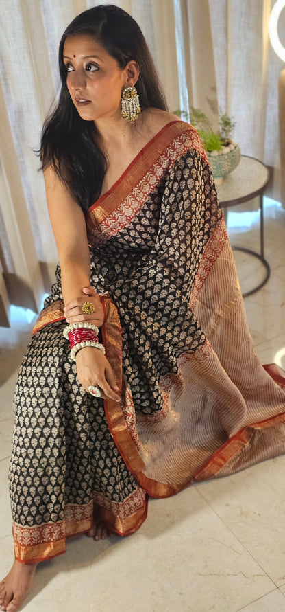 Black handblock Maheshwari Silk saree
