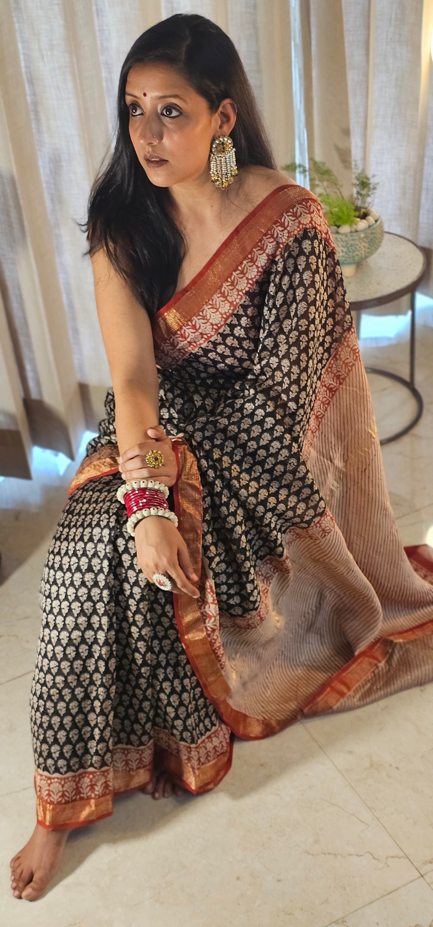 Black handblock Maheshwari Silk saree