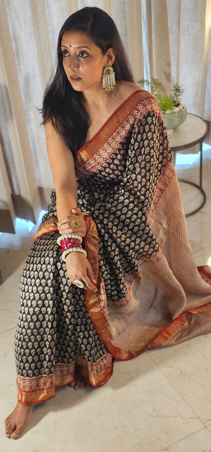 Black handblock Maheshwari Silk saree