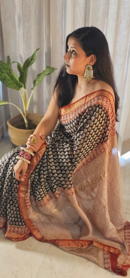 Black handblock Maheshwari Silk saree