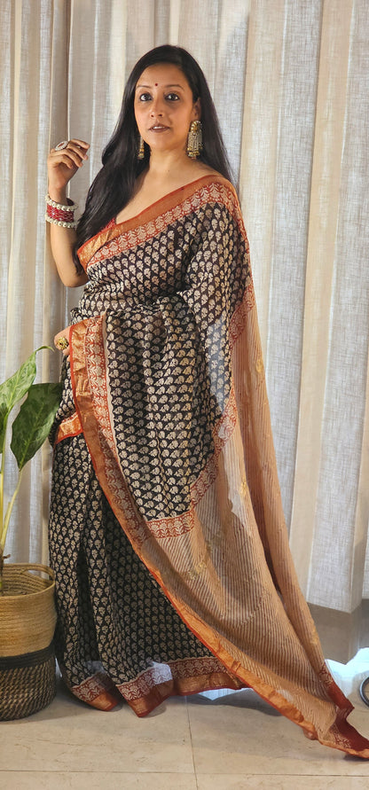 Black handblock Maheshwari Silk saree