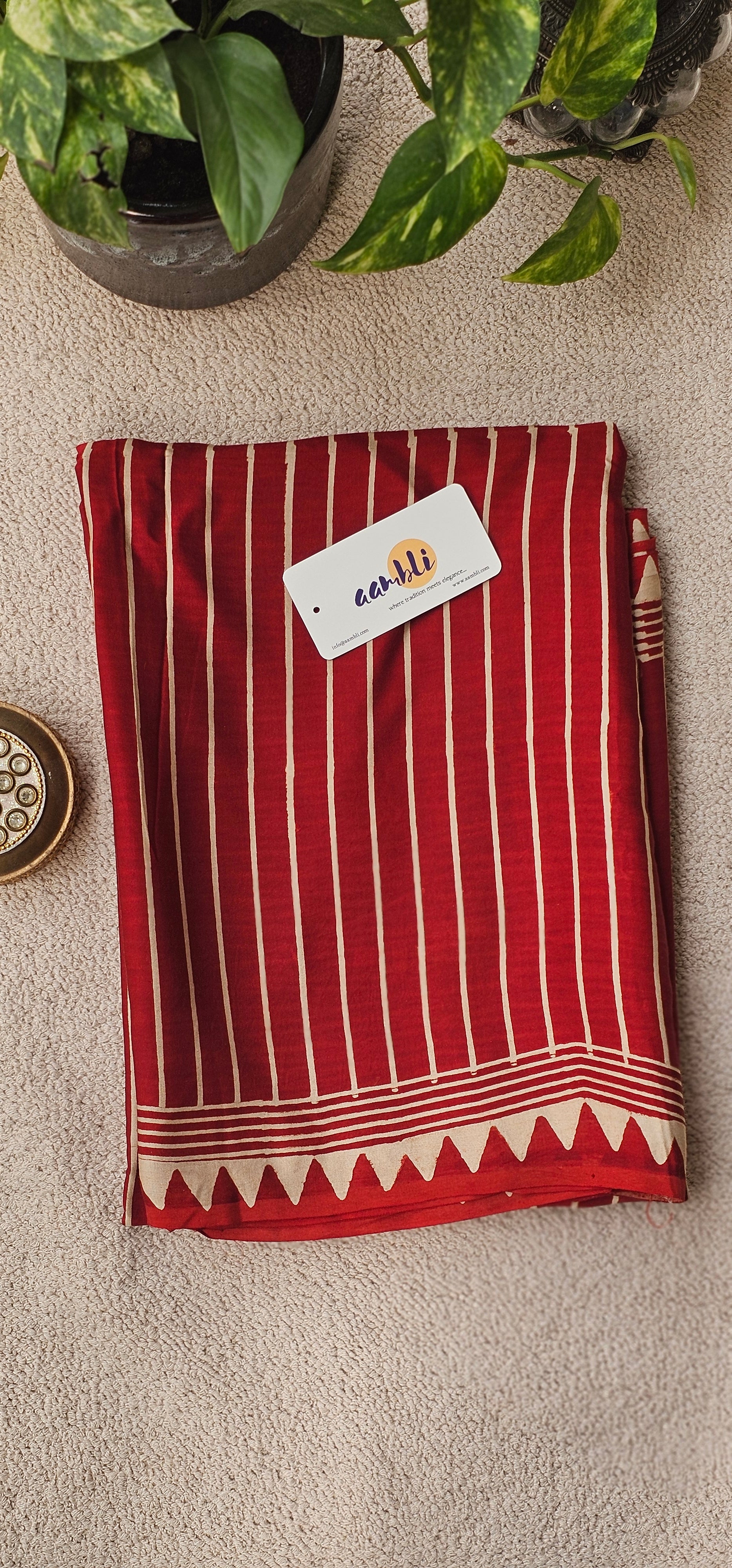 Red and white stripes Modal Silk Saree