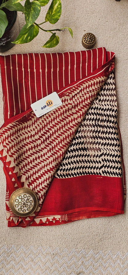Red and white stripes Modal Silk Saree