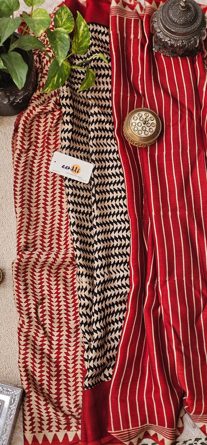 Red and white stripes Modal Silk Saree