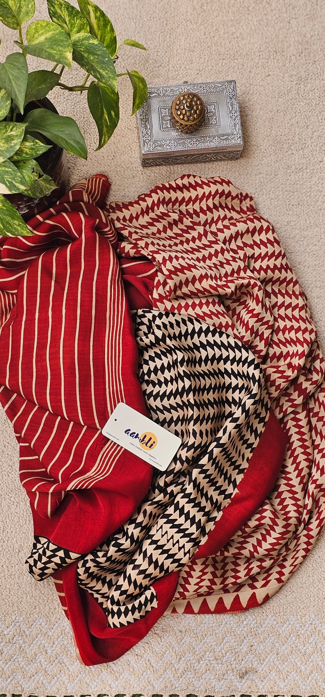 Red and white stripes Modal Silk Saree