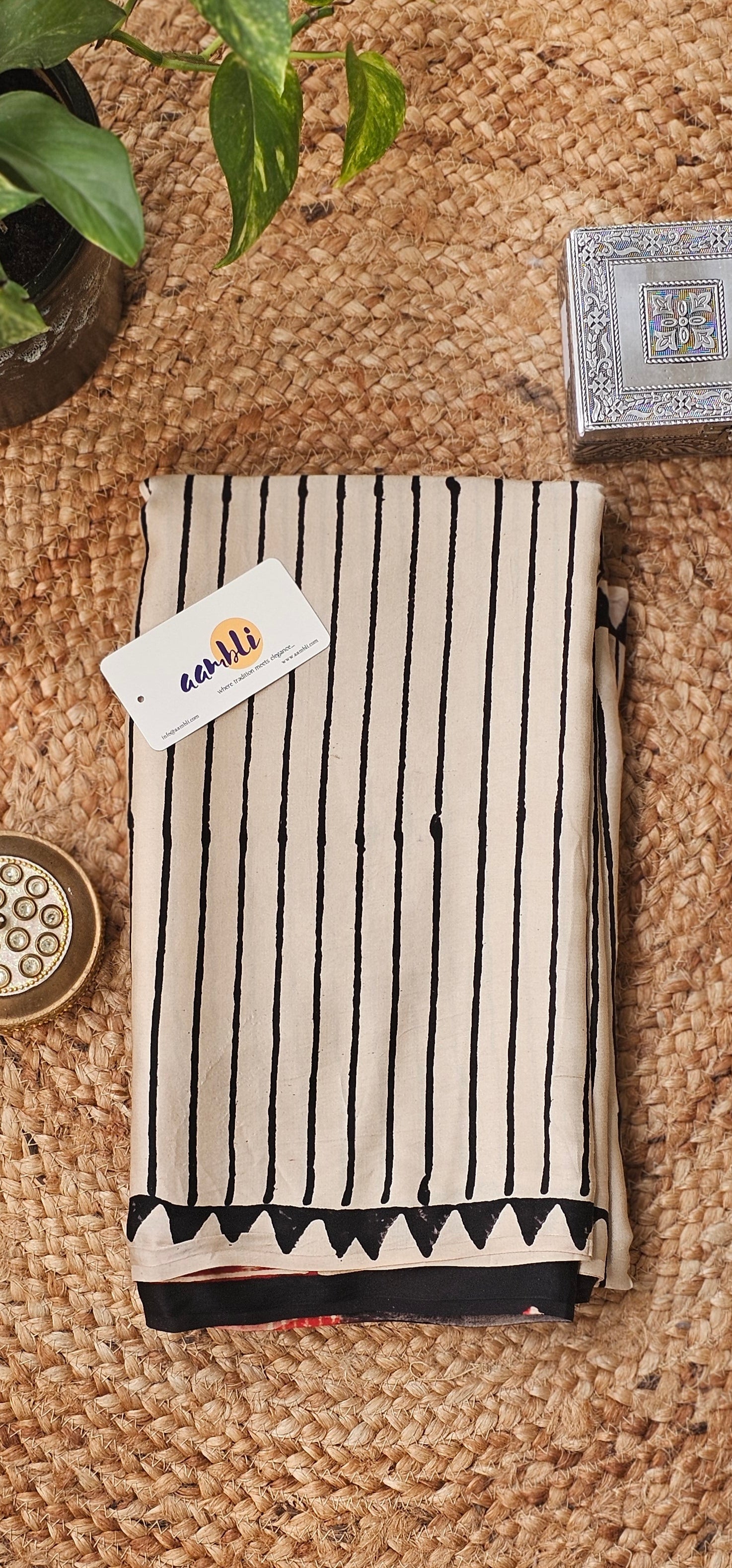 White and Black stripes Modal Silk Saree