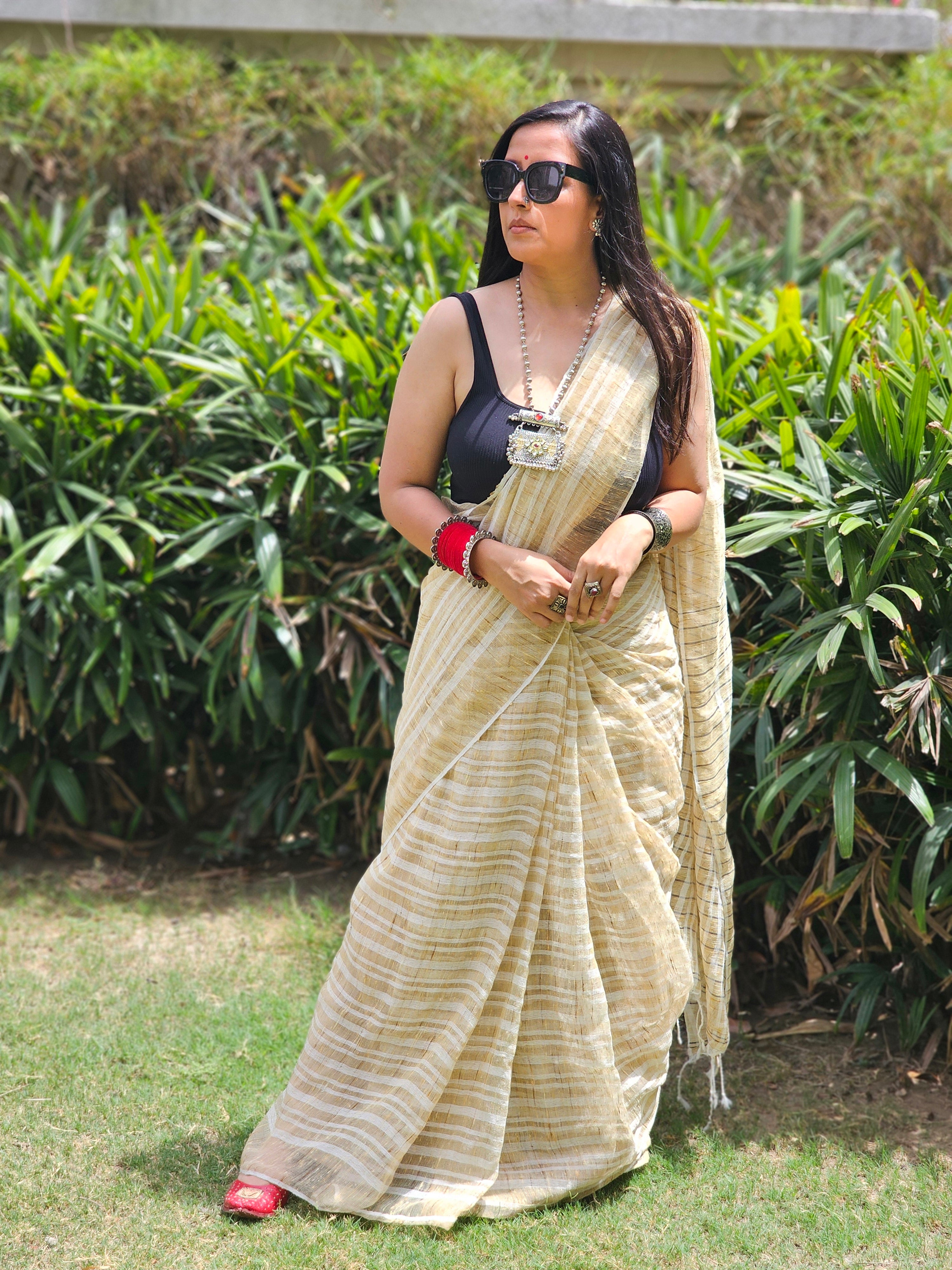 Beige stripes Handloom Ghicha saree