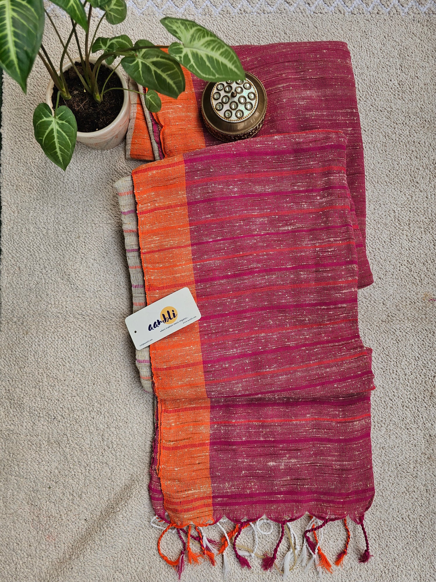 Cream and Magenta Handloom Ghicha Saree