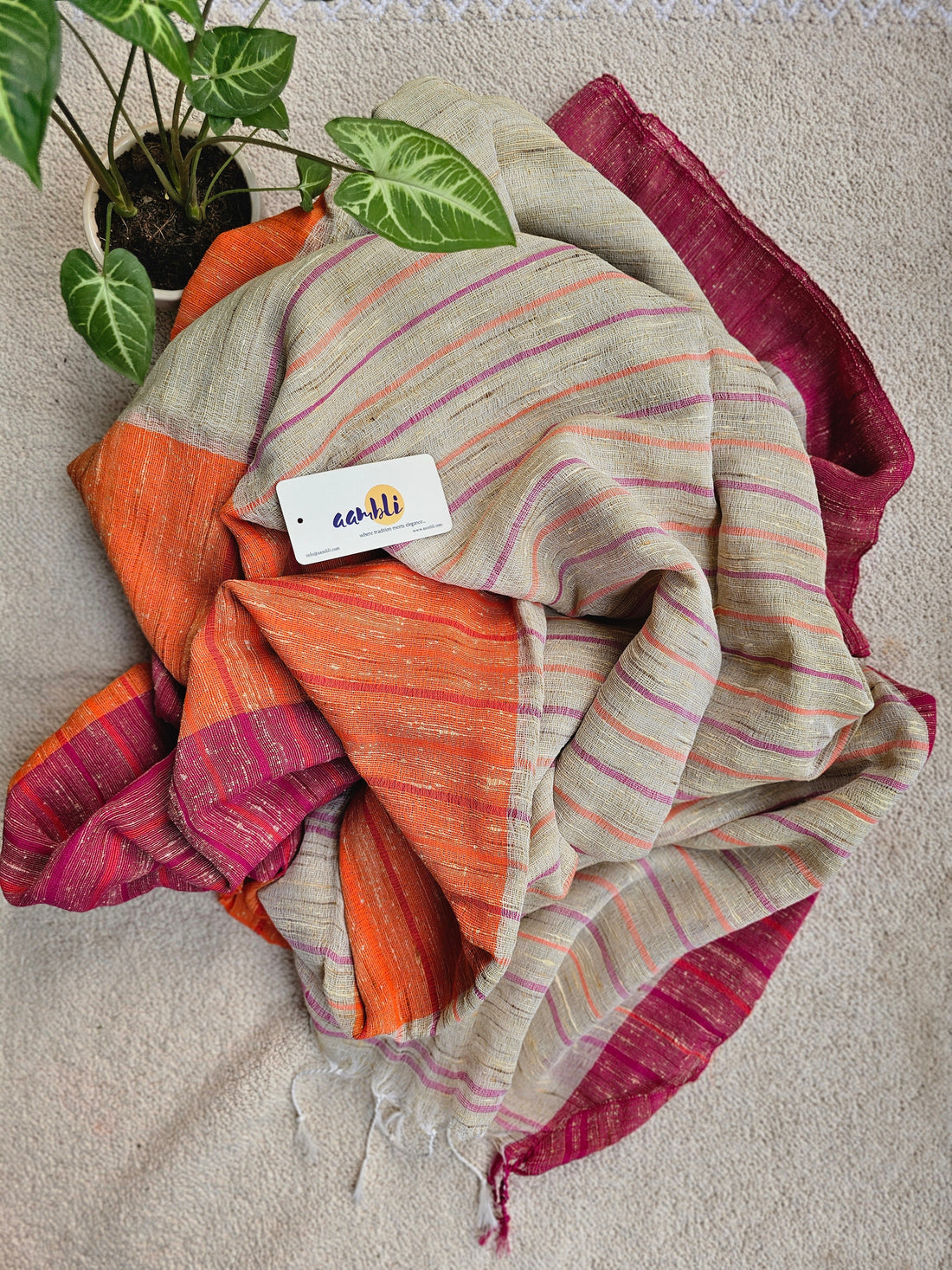Cream and Magenta Handloom Ghicha Saree