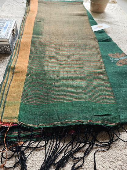 Green pure handwoven linen saree with zari butterfly design