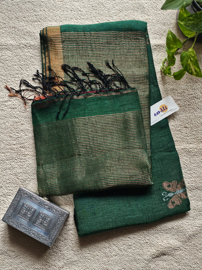Green pure handwoven linen saree with zari butterfly design