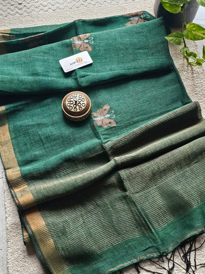 Green pure handwoven linen saree with zari butterfly design