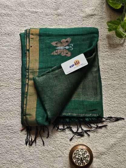 Green pure handwoven linen saree with zari butterfly design