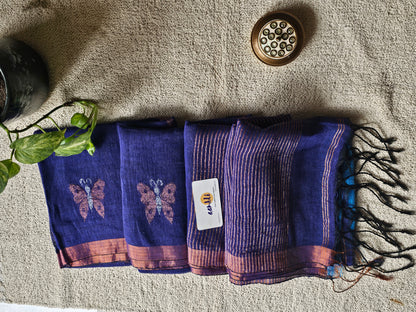 Purple pure handwoven linen saree with zari butterfly design