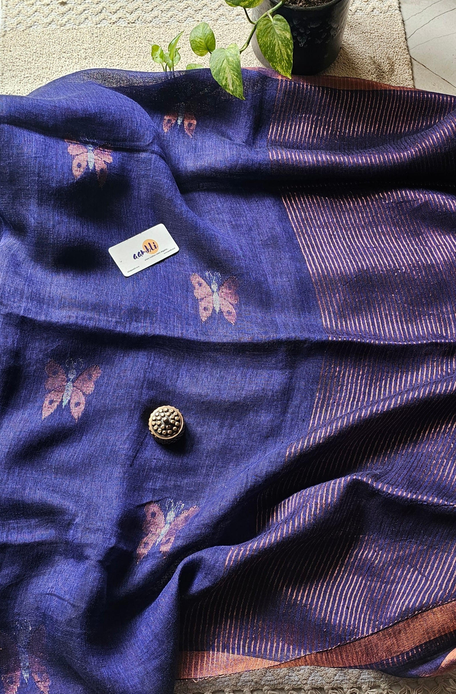 Purple pure handwoven linen saree with zari butterfly design