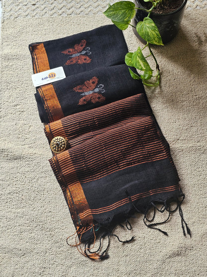 Black pure handwoven linen saree with zari butterfly design