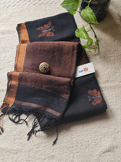 Black pure handwoven linen saree with zari butterfly design