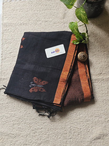 Black pure handwoven linen saree with zari butterfly design