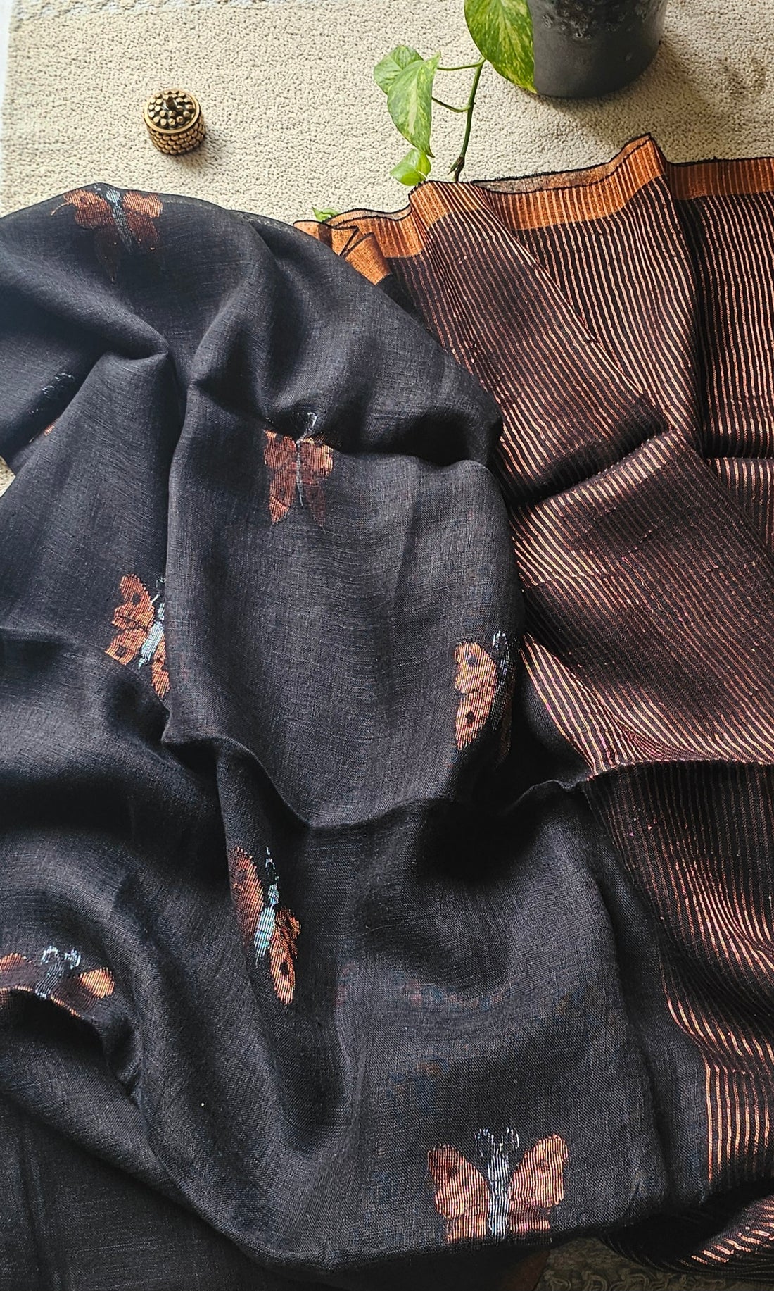 Black pure handwoven linen saree with zari butterfly design