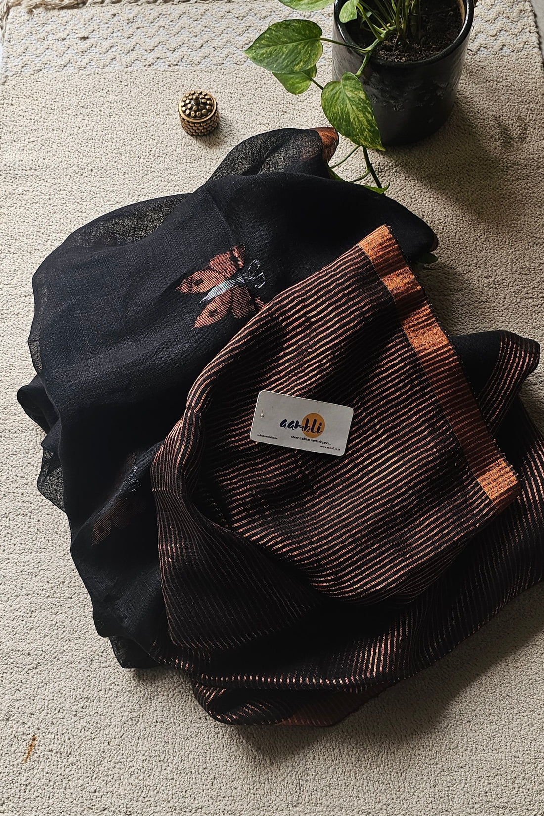 Black pure handwoven linen saree with zari butterfly design