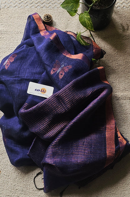 Purple pure handwoven linen saree with zari butterfly design